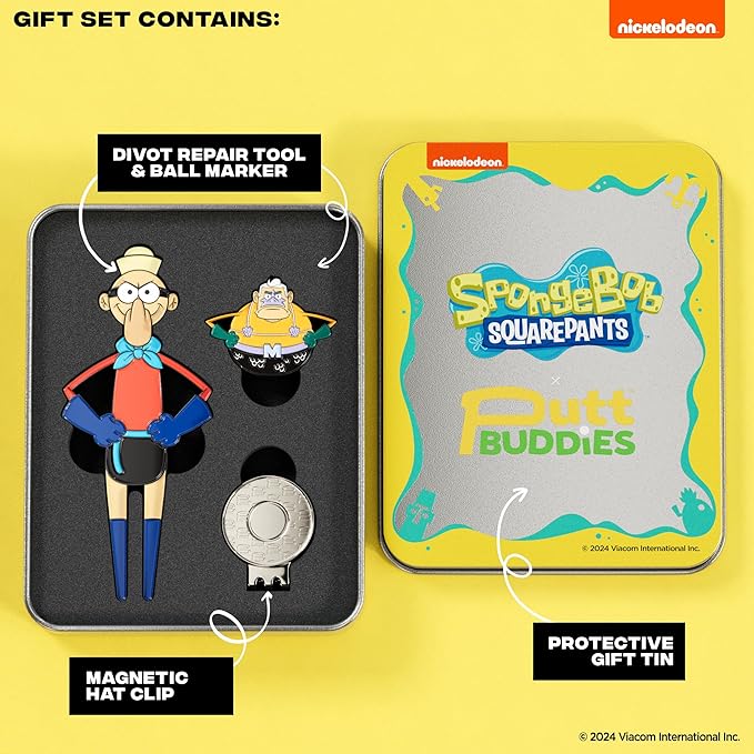 Officially Licensed Spongebob Mermaid Man & Barnacle Boy Divot Tool and Ball Marker Gift Set with Magnetic Hat Clip and Collectible Protective Tin, Golf Accessories for Fans and Golfers