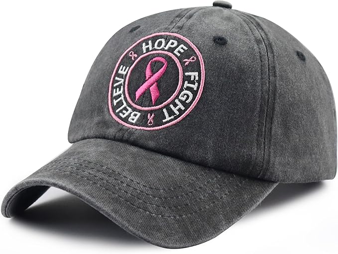 Believe Hope and Fight Hat for Women, Adjustable Cotton Embroidered Pink Ribbon Breast Cancer Baseball Cap