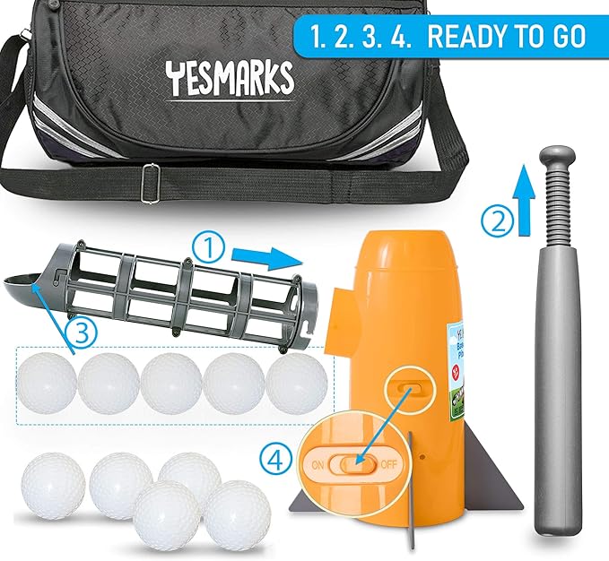 YESMARKS Kids Auto Baseball Pitching Machine Outdoor Toy Set - Training Equipment & Batting Practice Toys for Youth, Includes 10 Baseballs, Baseball Bat and Sports Bag