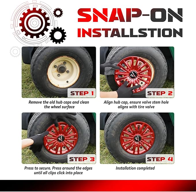 Golf Cart Hub Caps 8 Inch for EZGO/Club Car/Yamaha (Excludes EZGO RXV) Golf Cart Wheels and Tires, Snap-On Installation Wheel Covers Accessories, Premium ABS Plastic, Set of 4, Red