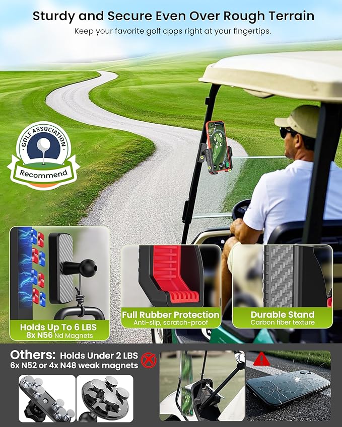 Magnetic Golf Cart Phone Holder Mount- Holds Up to 6 LBS, 3s Phone Clip Install,Phone Caddy for iPhone Galaxy Fits EZGO Club Car Yamaha Icon,Golf Cart Accessories Essentials Gift
