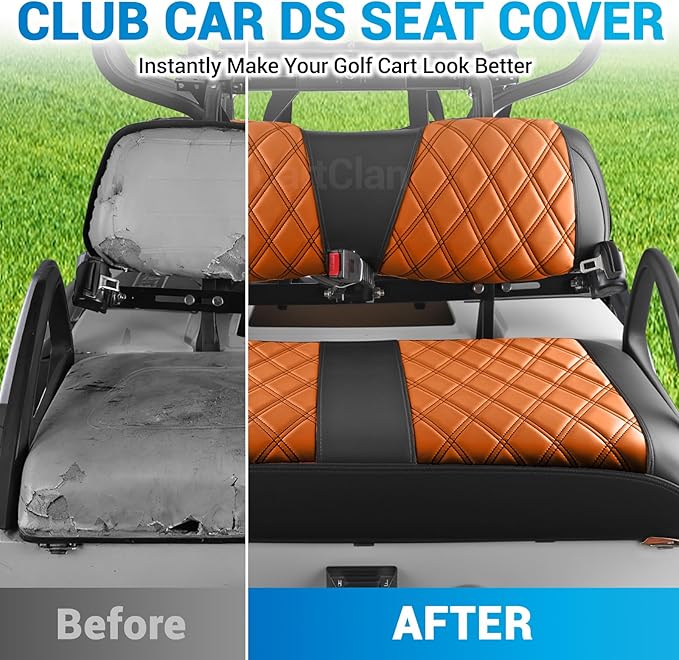 Golf Cart Diamond Seat Covers Kit Suitable for 2000.5-UP Club Car DS Standard Front Seat Cushion, Club Car Front Seat Covers Kit No Drilling & Waterproof (Brown PVC Leather & Black Stitching)