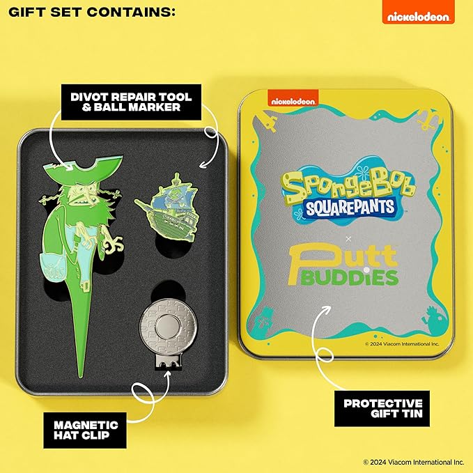 Gold Plated Spongebob Flying Dutchman Divot Tool and Ball Marker Gift Set with Magnetic Hat Clip and Collectible Protective Tin, Officially Licensed Golf Accessories for Collectors
