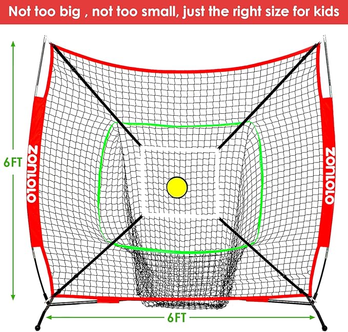 ZONLOLO 6x6ft Portable Baseball & Softball Net for Hitting and Pitching, with Sturdy Bow Frame and Carry Bag, Special Circular Target and Strike Zone for Accurate Throwing Practice, Great for Kids