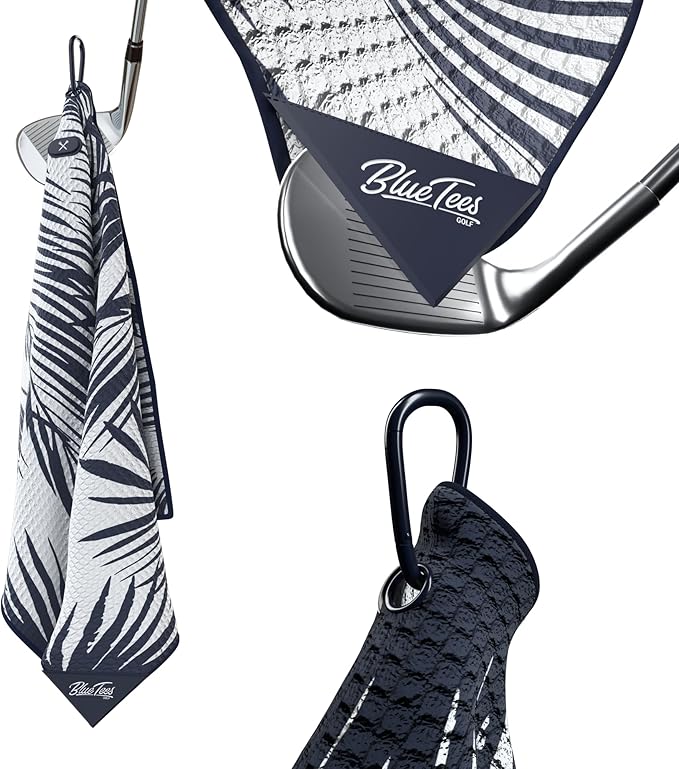 Blue Tees Golf Premium Magnetic Towel - Super Strong Magnet - Microfiber Waffle Design - Silicone Brush - Groove Cleaner - Bag Buckle - Standard & Caddy Sizes