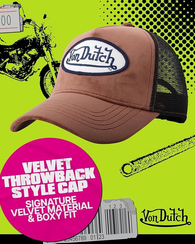 Von Dutch Unisex Trucker Hat - Velvet Curved Bill Mesh Back Retro Classic Adjustable Snapback Baseball Cap for Men and Women