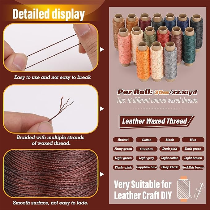 0.8 mm Leather Sewing Thread, 16 Colors 32 Yards Waxed Thread, Round Waxed - Image 3