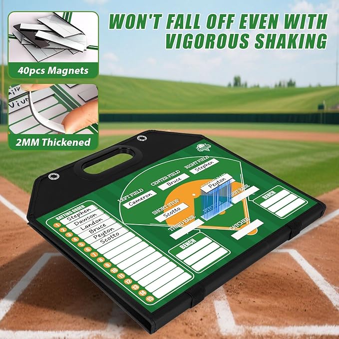 Magnetic Baseball Lineup Board for Dugout | Leather Cover, Foldable Coaching Board for Baseball & Softball with Carry Handle, Includes 40 Lineup Cards,Scoreboard, 2 Markers, Eraser, 4 Carabiners & Bag