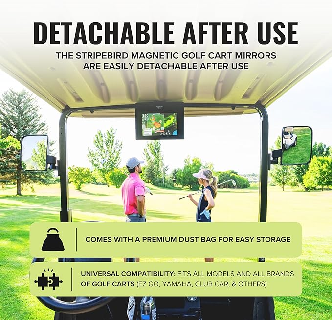 Stripebird - Magnetic Golf Cart Mirrors 2.0 (Gray) - No Drilling - Ultra-Strength Magnet - 2 Folding Side Mirrors - EZ Go Accessory - Club Car Accessory - Golf Cart Accessory