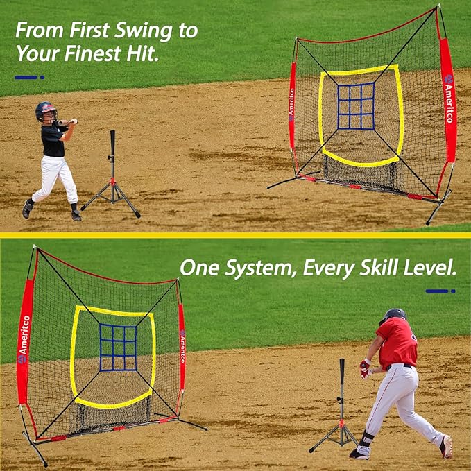 Baseball Net，7x7ft Baseball Practice Net with Tee and Target, Large Pocket Sports net for Hitting/Batting/Pitching/Throwing,Scratch Resistant Base, Versatile Use for All Levels