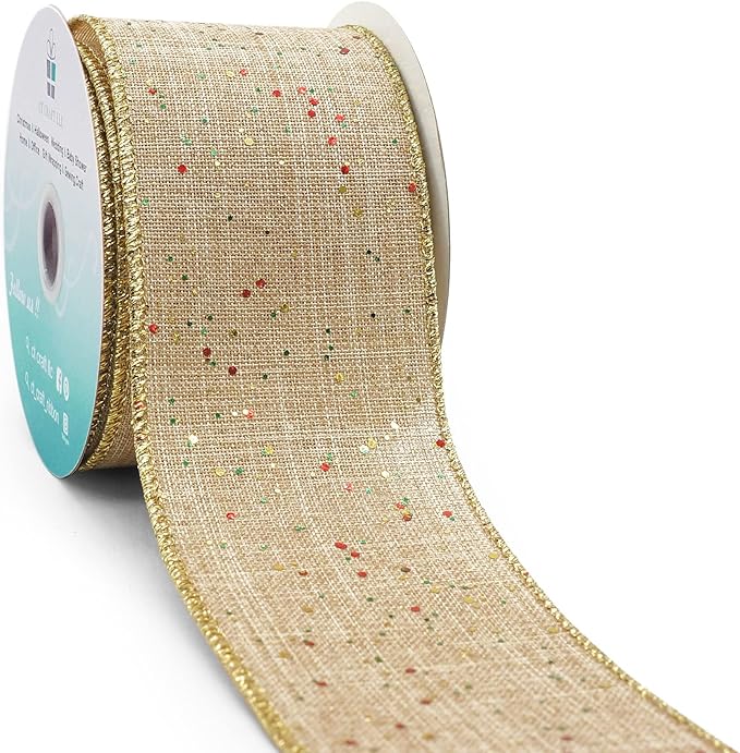 CT CRAFT LLC Tan Burlap Fabric Confetti Glitter Wired Ribbon 2.5" x 10 Yards by CTCRAFTLLC
