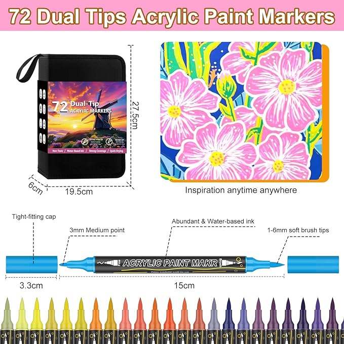 72 Colors Dual Tip Acrylic Paint Markers，Waterproof, Odorless Acrylic Markers - Image 4