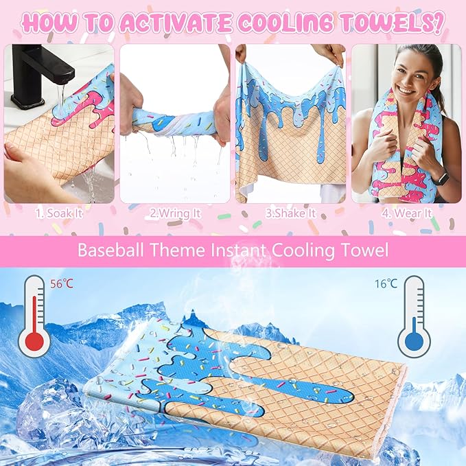 18 Pcs Ice Cream Drip Cooling Towel, Baseball Softball Towel Breathable Chilly Ice Towels, 40"x12" Cooling Towels for Sports Team Coach Gift Training, Cold Sweat Rag for Sport(Multicolor)