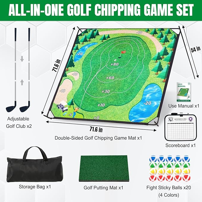 Golf Chipping Game Set, Large Double-Sided Golf Practice Mat, Portable Sticky Golf Game with 2 Clubs, 20 Sticky Balls for Indoor&Outdoor Yard, Family Fun (6FTx6FT