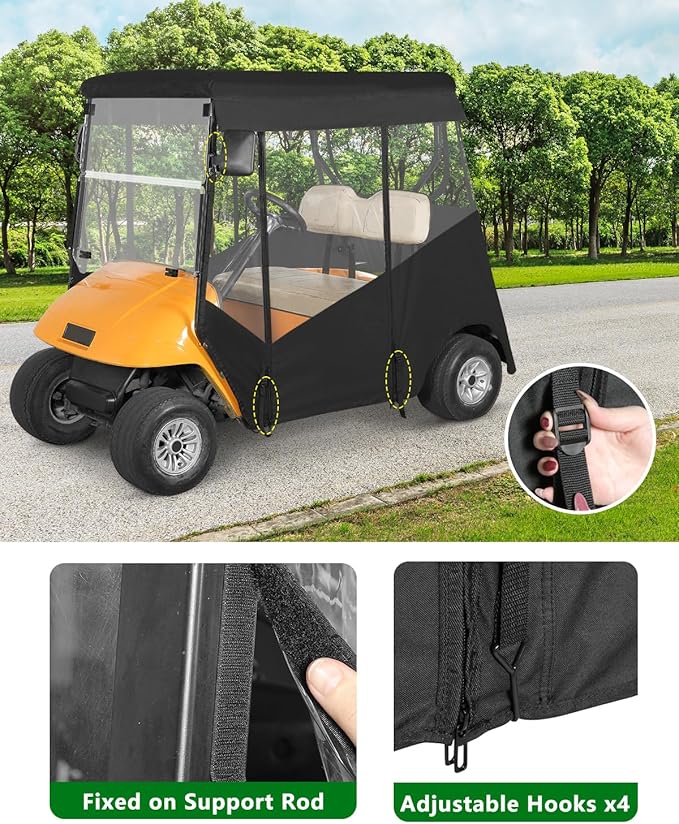 2 Passenger Golf Cart Enclosure for Ezgo TXT, 600D Waterproof Rain Driving Cover with 3 Sided Roll-Up Clear Windows & Doors, Heavy Duty Zippers & Side Mirror Openings