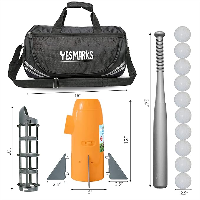 YESMARKS Kids Auto Baseball Pitching Machine Outdoor Toy Set - Training Equipment & Batting Practice Toys for Youth, Includes 10 Baseballs, Baseball Bat and Sports Bag