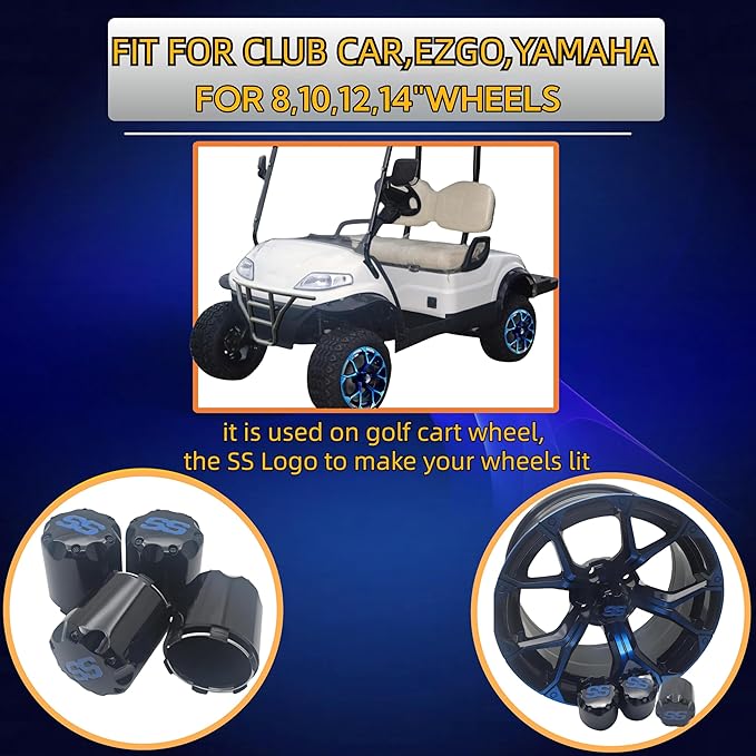 Golf Cart SS Wheel Center Cap Cover, ITP Push in Style Wheel Hub Caps for EZGO Club Car Yamaha and Other Models 8,10,12,14 inch Wheel,4 PCS (Gloss Black with Blue SS)