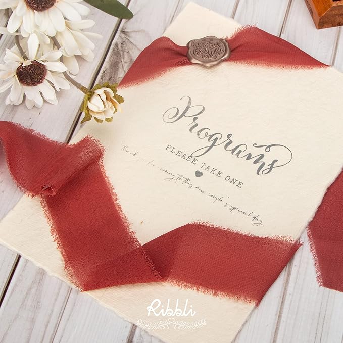 Ribbli Rust Red Chiffon Ribbon 1-1/2 inch x 20 Yard Handmade Fringe Chiffon - Image 4