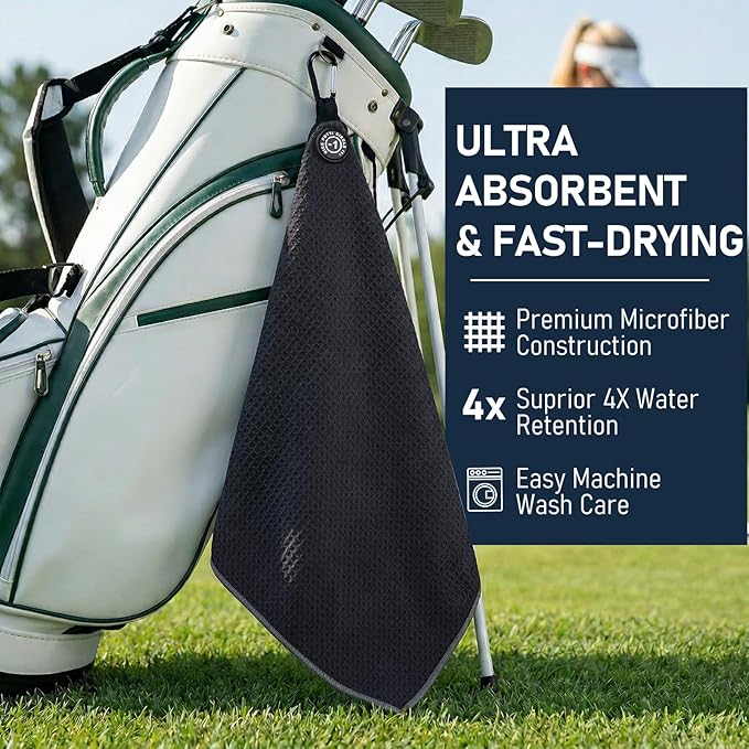 Magnetic Golf Towel 16x24 Ultra Absorbent Waffle Microfiber, Strong Magnet for Cart Clubs, Spot-Clean Design Golf Accessories Gifts for Men(Black+Grey Edge)