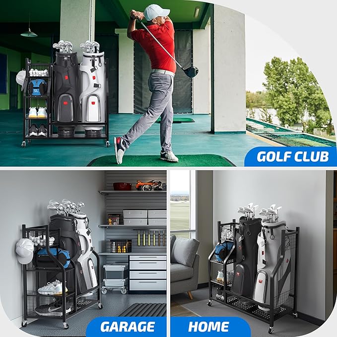 PLKOW Golf Bag Storage Garage Organizer, Extra Large Size Golf Bag Storage Stand and Golf Equipment Rack for Garage,Shed, Basement