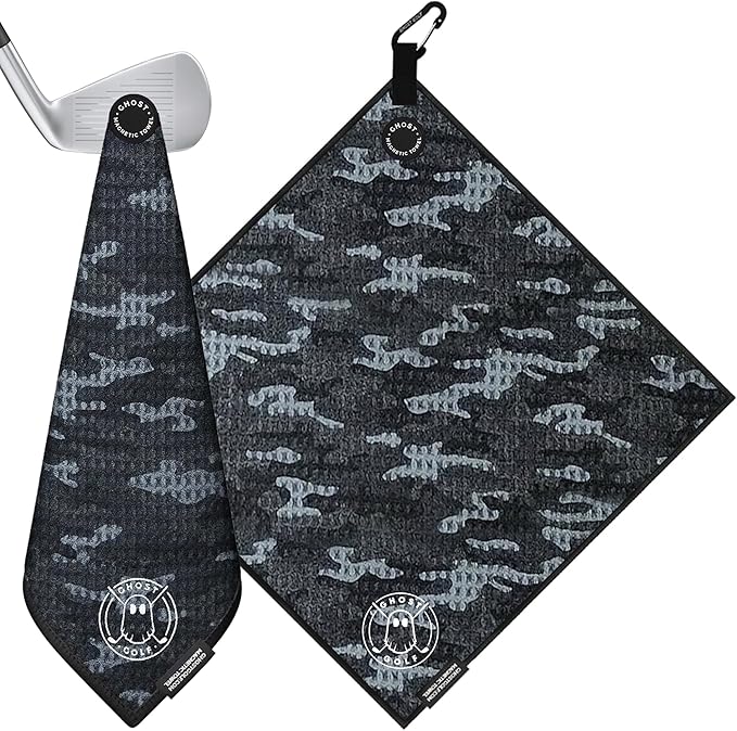 Ghost Golf Magnetic Towel (Greenside) - Premium Ultra-Absorbent Microfiber Golf Towel with Magnet for Golf Carts or Clubs - 18" x 18" Golfing Gear - Waffle Weave Pattern (Black Camo)