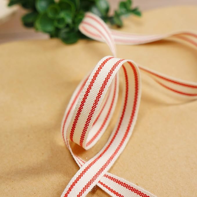 CT CRAFT LLC Ivory Cotton Red Stripes Ribbon 3/8" x 10 Yards - Image 4