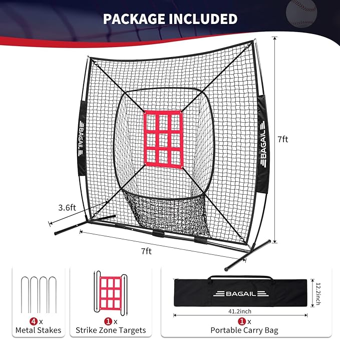 BAGAIL 7x7 ft Baseball & Softball Practice Net with Bow Frame for Batting, Hitting, Pitching, Portable Baseball Throwing Net with Strike Zone, Carry Bag, Baseball Training Aid for All Levels