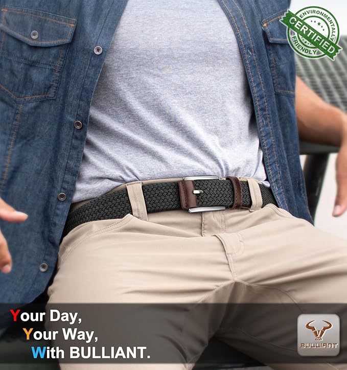 BULLIANT Belt for Men 2Pack,Mens Gift Stretch Braided Web Belt Elastic for Casual Golf Jeans,1 3/8"