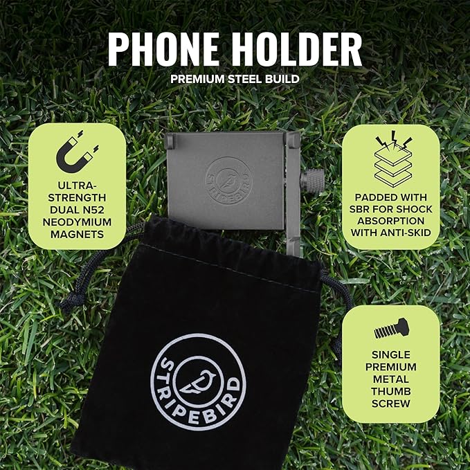Stripebird - Magnetic Golf Cart Phone Holder - US Patented, Neodymium N52 Magnets - Golf Cart Phone Mount for iPhone & Samsung - Slim Golf Caddy Accessories for Men & Women