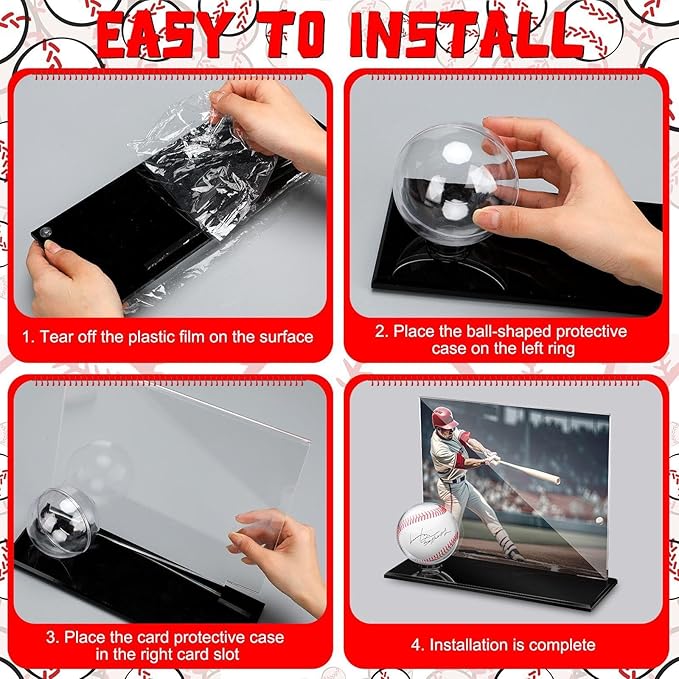 DoubleFill Acrylic Baseball Display Case for Ball and Cards Extra Large Clear Base Ball Holder Ring Stand Set Centerpieces Protector Memorabilia Showcase for Official Size Baseball