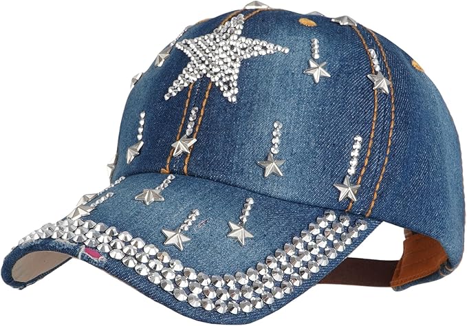 Hoce Fashion Rhinestone Denim Baseball Cap Studded Bling Hat for Women