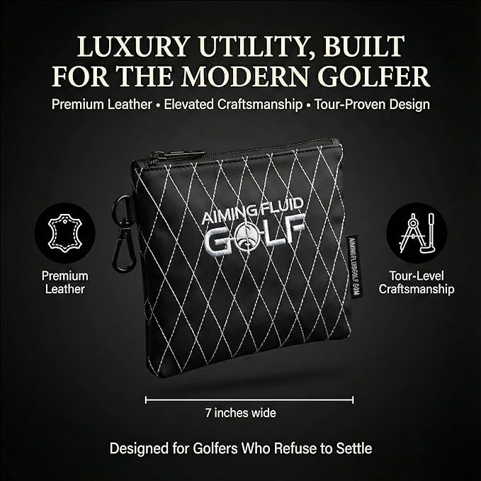Premium Leather Golf/Travel Valuables Pouch Luxury Zippered Utility Bag with Diamond Stitching, 360 Swivel Clip, Soft Interior for Golf Accessories & Travel Essentials (Black)