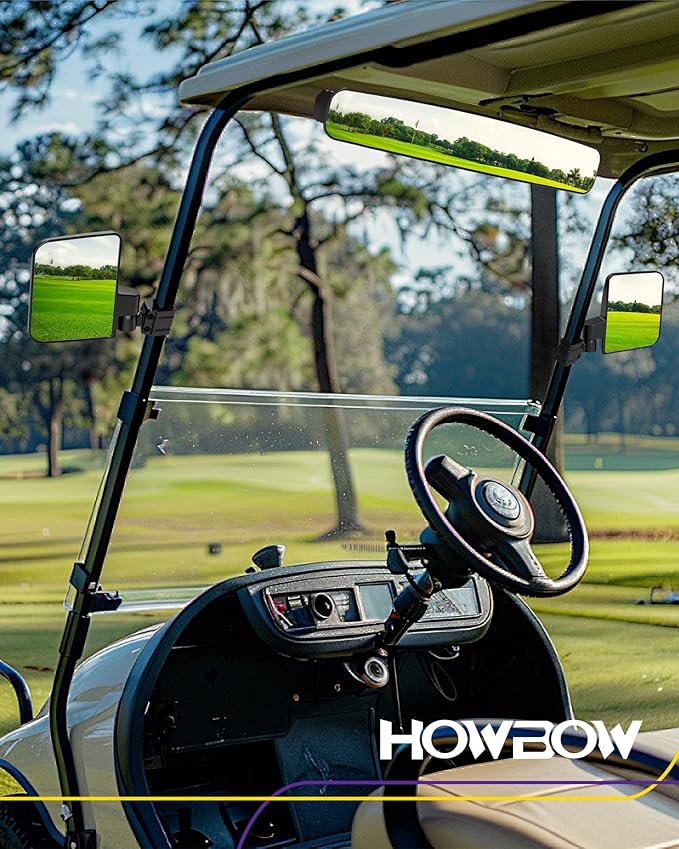 HOWBOW Golf Cart Mirrors Kit, Adjustable 180 Degree Rotation and Foldable-HD Shatterproof Glass Mirrors for EZGO Club Car Yamaha, No-Drilling Golf Cart Side Mirror and Rear View Mirror Kit