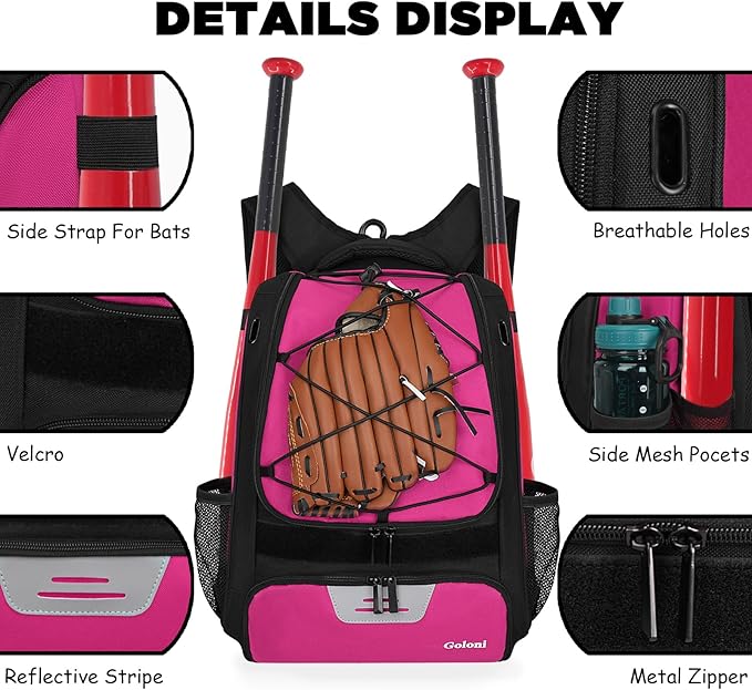 Goloni | Baseball Backpack,Baseball Bag for Adult,Softball Bat Bag with Shoes Compartment,Large Main Compartment for Helmet & accessories, Fence Hook