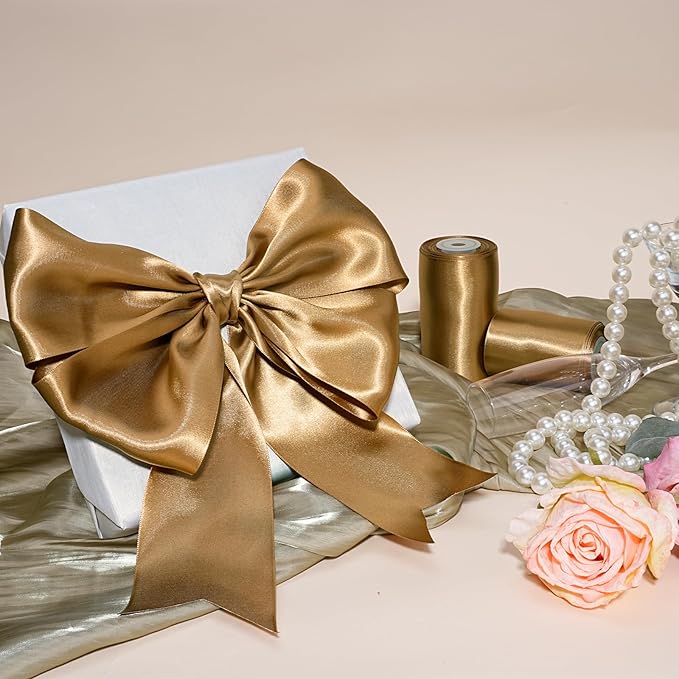 LaRibbons Pale Gold Satin Ribbon 3 Inch 10 Yards Double Faced Luxury Pale Gold - Image 3
