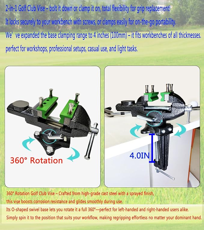 Golf Club Regripping Kit, Optional Professional or Basic Golf Grip Replacement Tools, 2-In-1 Bench Vise or Mini Table Vise, Fixed Rubber Clip, Hook Blade, Grip Tape Remover