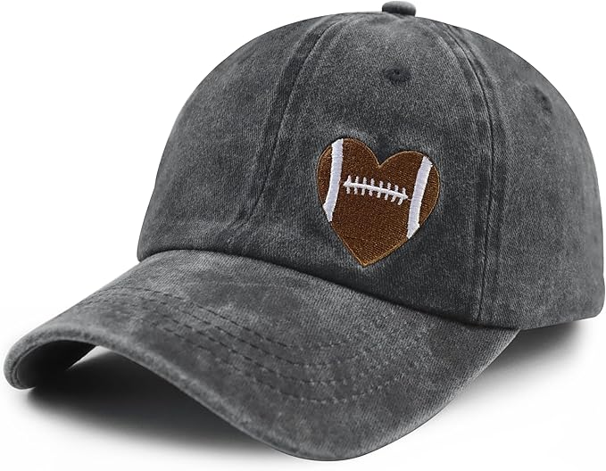 Football Heart Hat for Men Women, Adjustable Cotton Embroidered Heart Football Baseball Cap