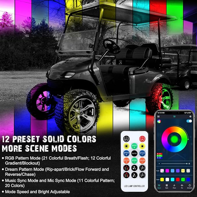 Golf Cart Underbody and Canopy LED Lights 6Pcs, 12V - 80V Input Golf Cart Underglow Light Kit Bluetooth APP Control for EZGO Club Car Yamaha, Music Mic Sync Modes (Included Voltage Reducer)