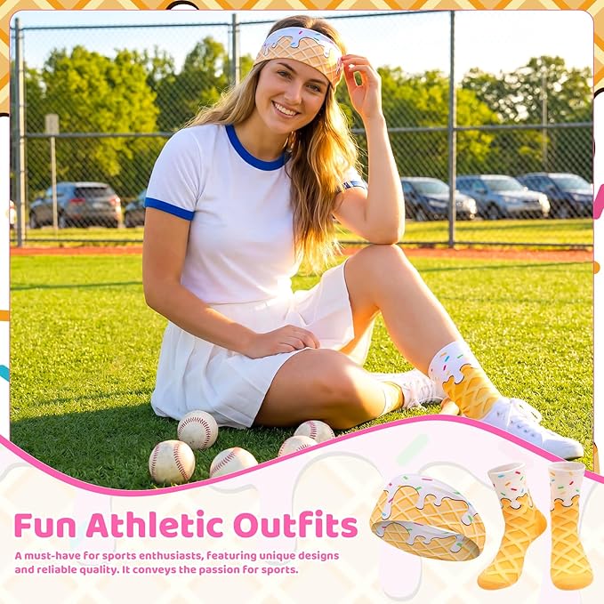 Ice Cream Baseball Headband and Ice Cream Sock Sports Elastic Sweatband Funny Sports Baseball Gifts for Youth Teen Women Men Athletes Football Basketball Running Gym Party Favors