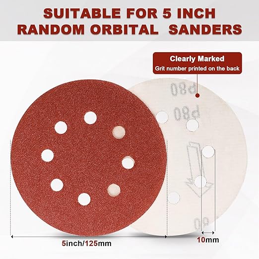 165 PCS 5 Inch Sanding Discs, 8 Hole Hook and Loop Round Sandpaper - Image 3