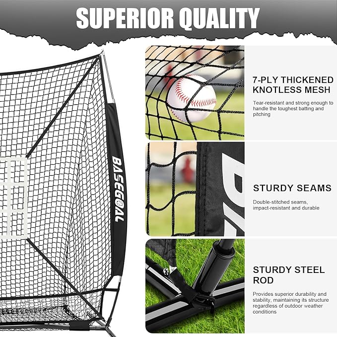 BaseGoal 6'×6' Baseball Softball Practice Net,Baseball Backstop,with Batting Tee,Ball Caddy,for Hitting Pitching Batting Catching with Bow Frame,Bonus Strike Zone,Target,Portable and Foldable