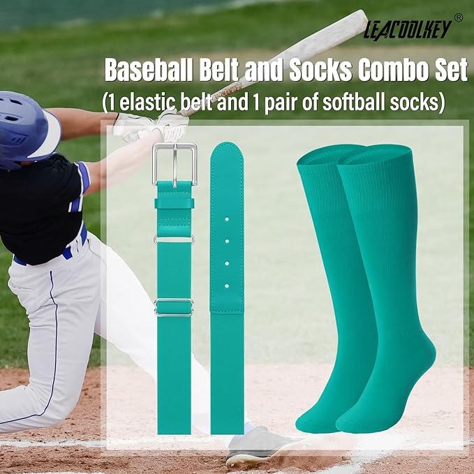 LEACOOLKEY Baseball Belt and Socks Combo Set Adjustable Softball Socks and Elastic Belt for Youth and Adult