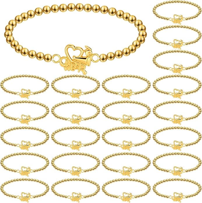 Tondiamo 24 Pcs Cheer Baseball Softball Soccer Basketball Football Tennis Bracelets Gifts Bulk Beaded Stretch Bracelets Charm Gifts Sport Jewelry Party Favors Supplies