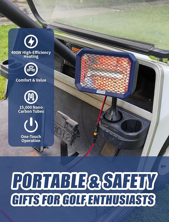 Electric Golf Cart Heater with Mid-Cable Quick-Disconnect, 400W Safe & Fast Silent Carbon Fiber Heating, Heater with 360° Rotatable Head, Compatible with Club Car/Yamaha/EZGO, Golf Cart Accessories