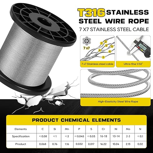 316 Stainless Steel Cable, 200FT 1/32IN Wire Rope 7 * 7 Strand - Image 3