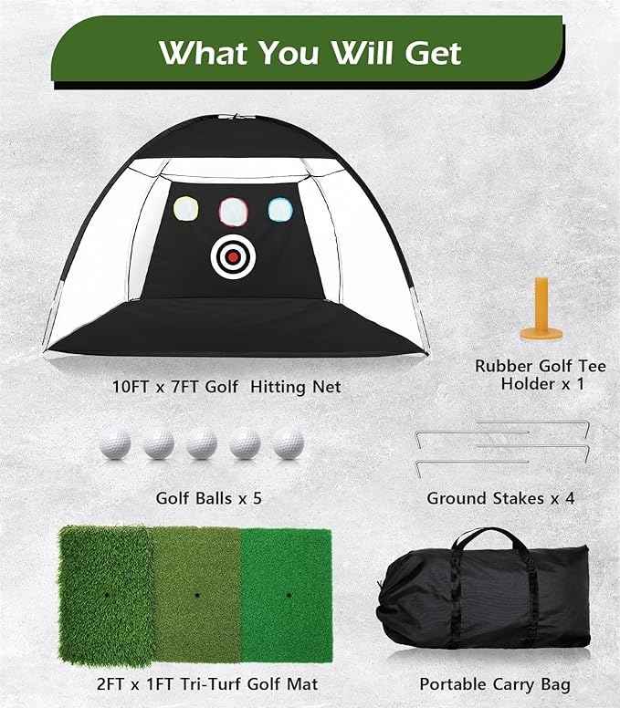 Golf Net, 10x7FT Home Golf Hitting Aids Equipment with Foldable Tri-Turf Mat for Backyard Driving Chipping Swing with Training Target/Balls/Tee for Outdoor Indoor, Gifts for Men Him Dad Golfers