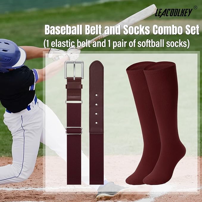 LEACOOLKEY Baseball Belt and Socks Combo Set Adjustable Softball Socks and Elastic Belt for Youth and Adult