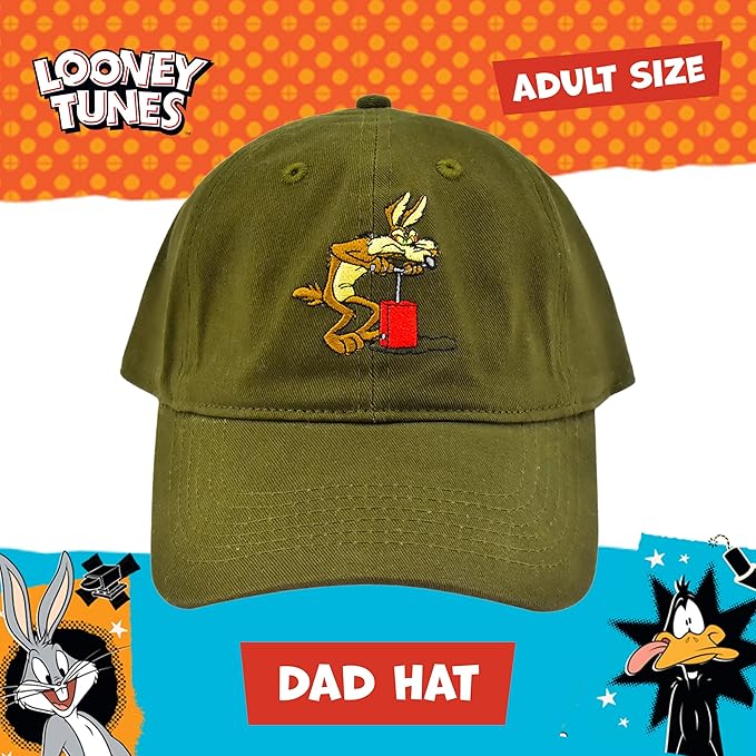Looney Tunes Baseball Cap, Wile E. Coyote and Road Runner Adult Adjustable Cotton Dad Hat with Curved Brim for Men and Women, Olive, One Size