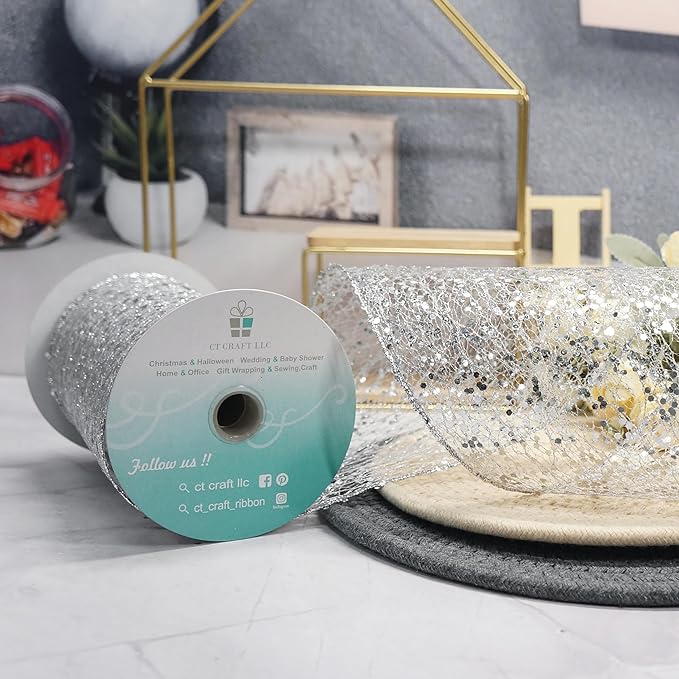 CT CRAFT LLC Sparkling Glitter Mesh Wired Ribbon 6" x 10 Yards Silver - Image 4