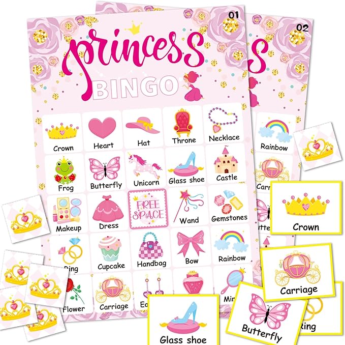 Pink Princess Bingo Game 24 Players Bingo Games Cards by Omlisca